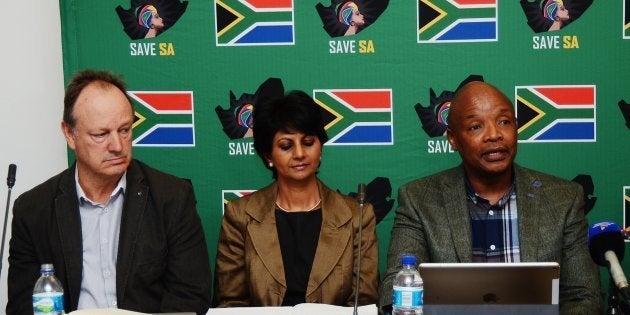 Wayne Duvenage, Peggy Pillay and Save SA convenor Sipho Pityana during a press conference on May 09, 2017.