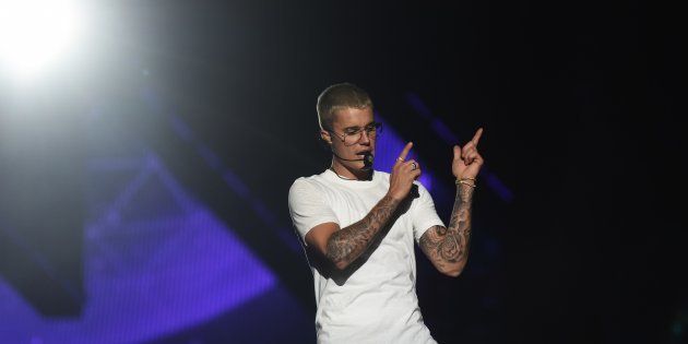 Canadian singer Justin Bieber's performs on stage at Apoteose Sapucai Rio de Janeiro, Brazil on March 29, 2017.