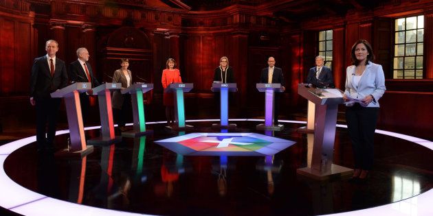 (left to right) Liberal Democrats leader Tim Farron, Labour leader Jeremy Corbyn, Green Party co-leader Caroline Lucas, Plaid Cymru leader Leanne Wood, Home Secretary Amber Rudd, Ukip leader Paul Nuttall and SNP deputy leader Angus Robertson take part in the BBC Election Debate hosted by BBC news presenter Mishal Husain, as it is broadcast live from Senate House, Cambridge.