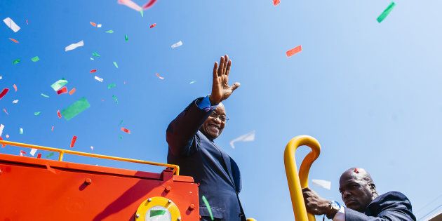 South African President Jacob Zuma at the launch of a new Trans Africa locomotive at Transnet's engineering site in Pretoria, South Africa, on April 4, 2017.