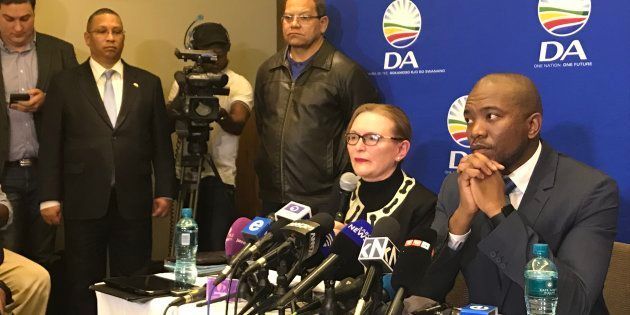Helen Zille, Western Cape premier, and Mmusi Maimane, DA leader, at a press conference on Tuesday, 13 June 2017 in Johannesburg.