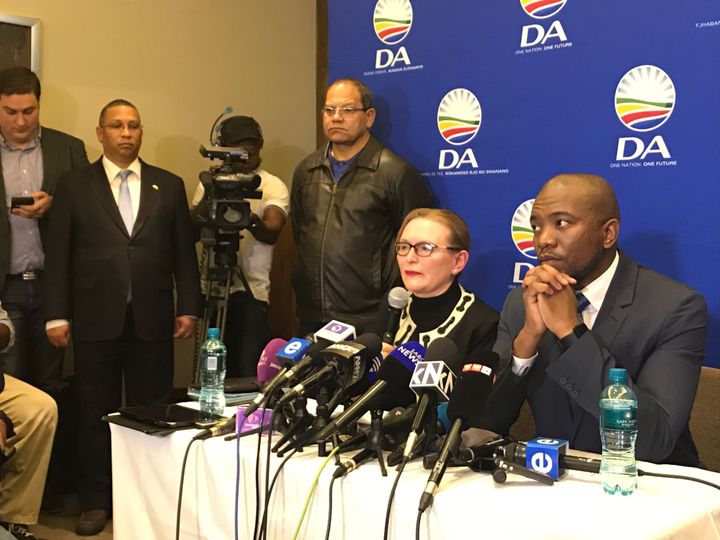 Helen Zille and Mmusi Maimane at the Holiday Inn Rosebank, Johannesburg. Behind them (from left to right) Geordin Hill-Lewis MP, chief of staff in Maimane's office, Ivan Meyer, a member of Zille's provincial cabinet in the Western Cape and John Moodey, DA leader in Gauteng.