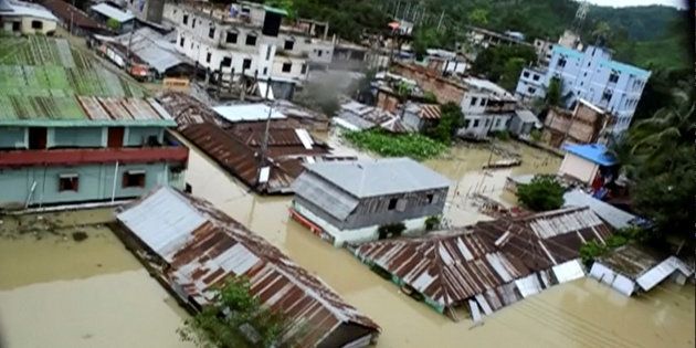 An aerial view showing the town half-submerged in floodwaters following landslides triggered by heavy rain in Khagrachari, Bangladesh, in this still frame taken from video June 13, 2017.