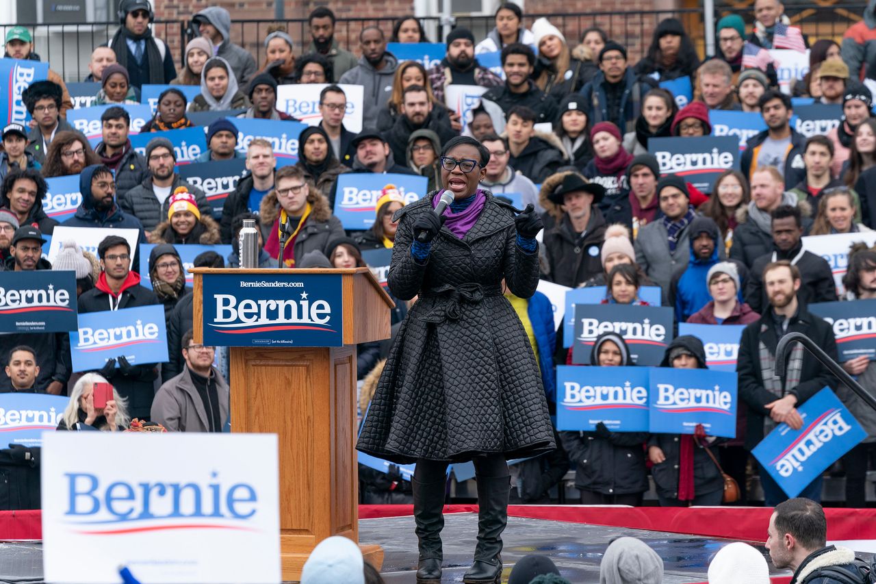 Former Ohio state Sen. Nina Turner (D) introduces Sanders at his first presidential campaign rally in Brooklyn on Saturday. Turner has been a key adviser on racial justice matters.