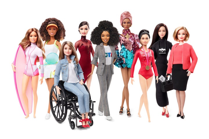 Barbie's shero shot, from left to right: Maya Gabiera, Naomi Osaka, Kristina Vogel, Tessa Virtue, Yara Shahidi, Adwoa Aboah, Dipa Karmakar, Chen Man, Ita Buttrose.