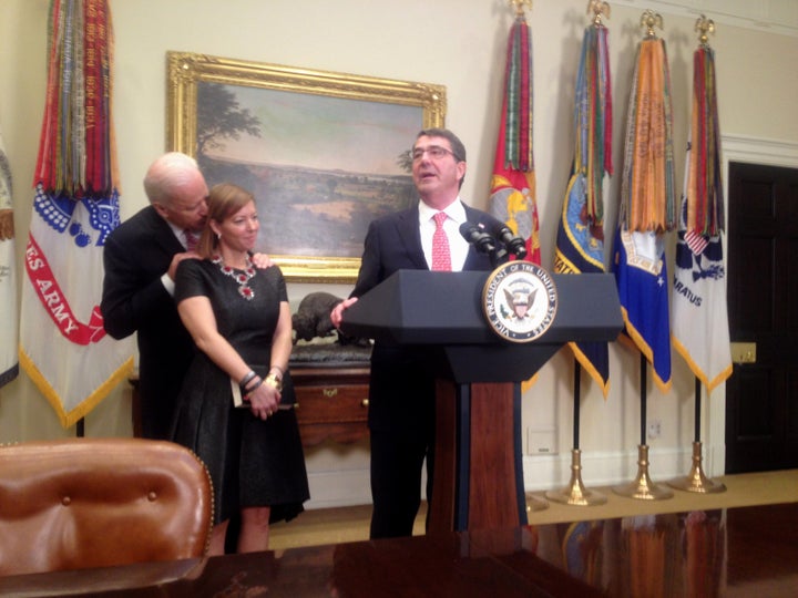 Joe Biden stood close behind the wife of Defense Secretary Ash Carter at Carter’s swearing-in ceremony in 2015.