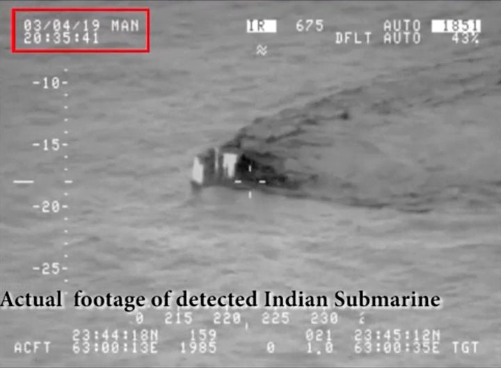 Image made from video taken on March 4, 2019, and released on Tuesday, March 5, 2019, by the Pakistan Military, shows what they claim is an Indian submarine approaching its territorial waters in the Arabian Sea. 