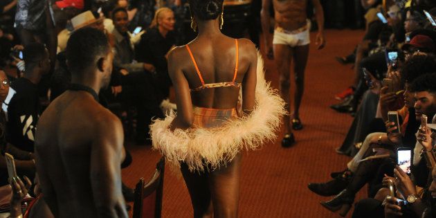 Models showcase the David Tlale Collection during the Mercedes-Benz Fashion Week Cape Town Autumn / Winter Show on March 24, 2017 in Cape Town, South Africa.