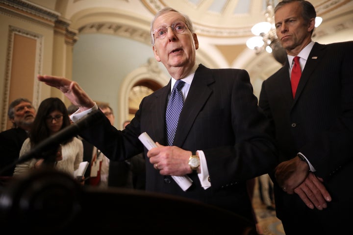 Senate Majority Leader Mitch McConnell (R-KY) talks to reporters with Senate Majority Whip John Thune (D-SD) (R) following the weekly Senate Republican policy luncheon at the U.S. Capitol March 05, 2019 in Washington, DC. 