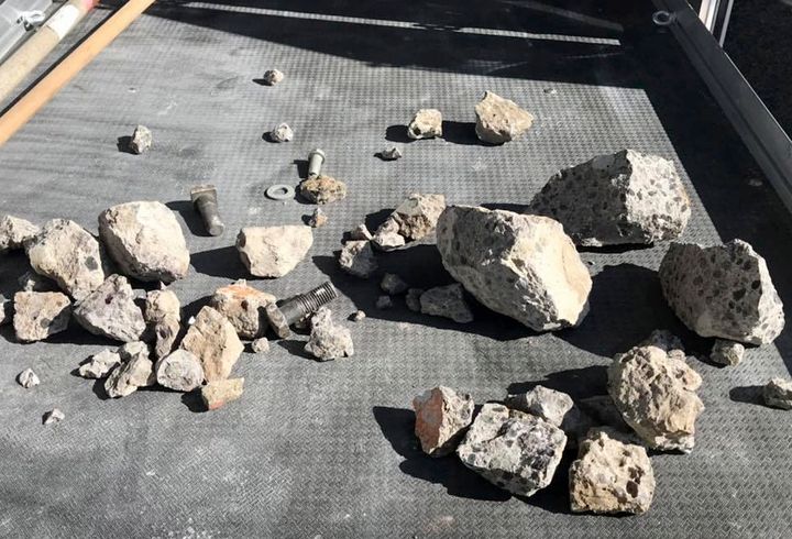 Chunks of concrete fell from the upper deck to the lower deck on the Richmond-San Rafael Bridge near Richmond, California, on Feb. 7, 2019.