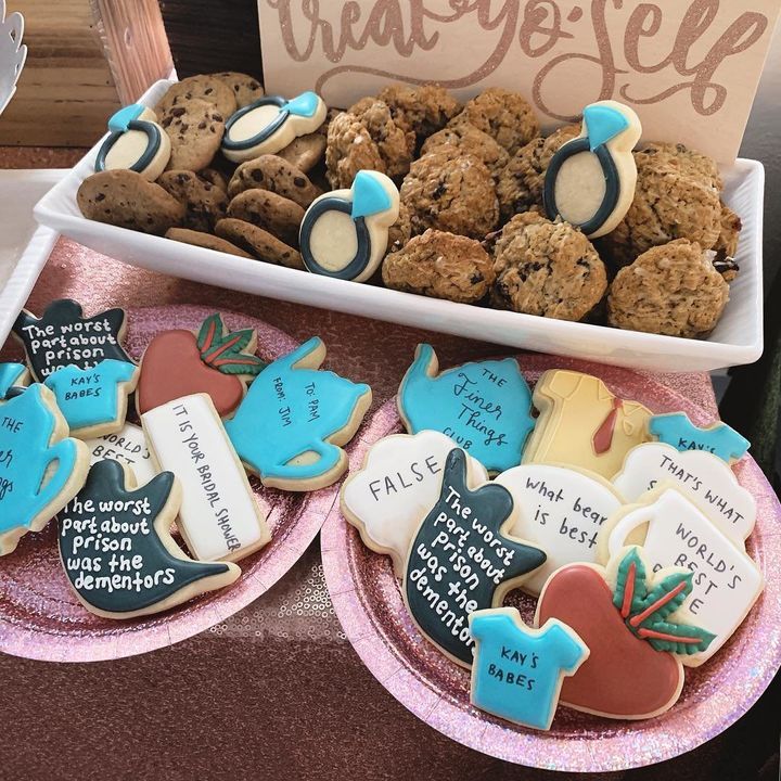 The bridal shower featured themed cookies with phrases from the show like "the worst part about prison was the dementors" and "that's what she said."