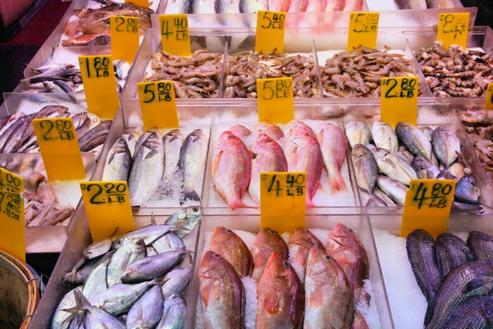 Seafood on display at a fish market in New York City.