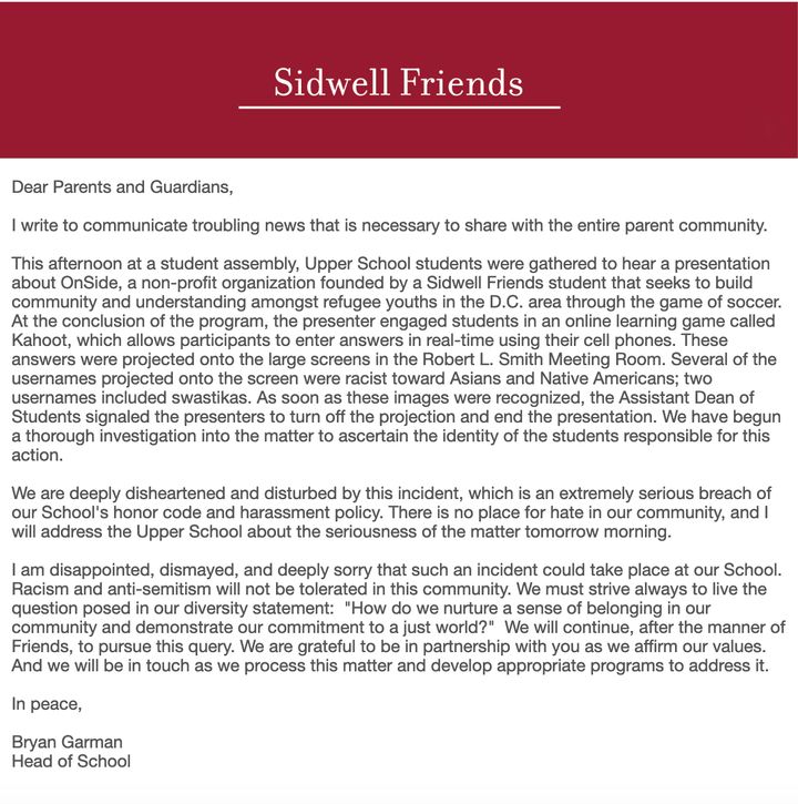 A letter from Bryan Garman, the head of Sidwell Friends School, about swastikas appearing at the Washington, D.C., school on March 6, 2019.