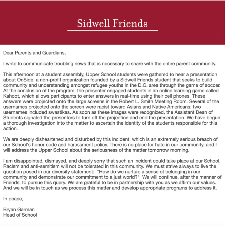 A letter from Bryan Garman, the head of Sidwell Friends School, about swastikas appearing at the Washington, D.C., school on March 6, 2019.