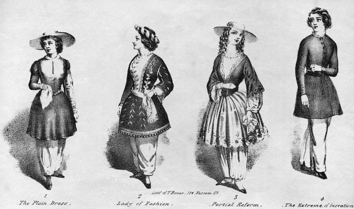 A drawing featuring different exampled of bloomers, circa 1850s.