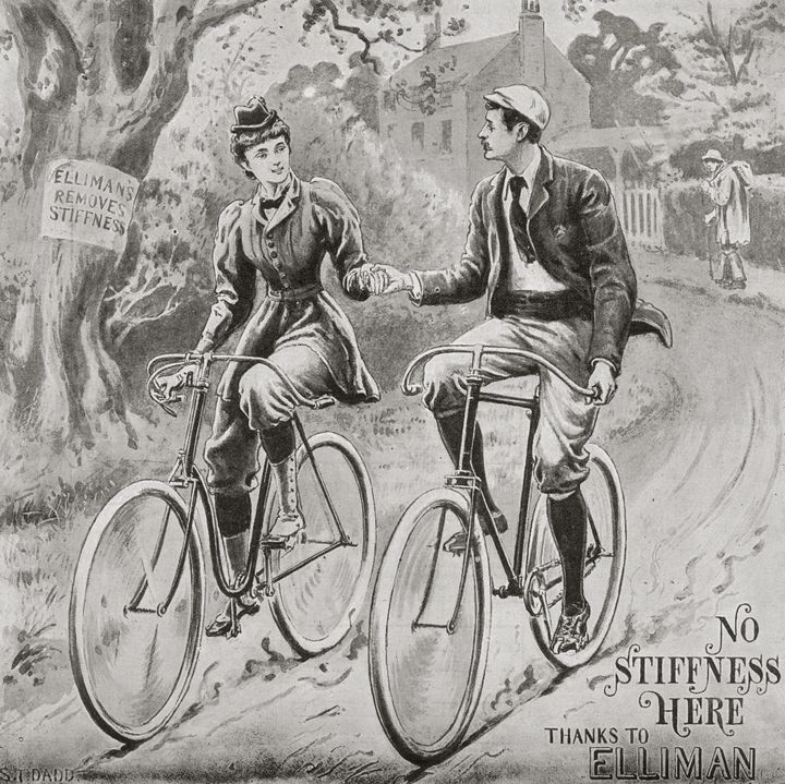 A woman, wearing a type of bloomers, rides her bicycle alongside a man in this 1895 advertisement. 