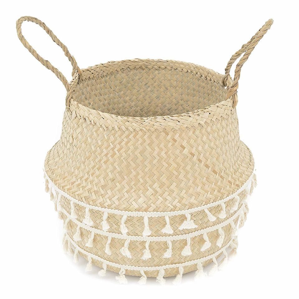 BlueMake Woven Seagrass Belly Basket for Storage Toy Basket or Plant Basket Decorative Living /& Laundry Room Bathroom /& Bedroom Middle, Silver