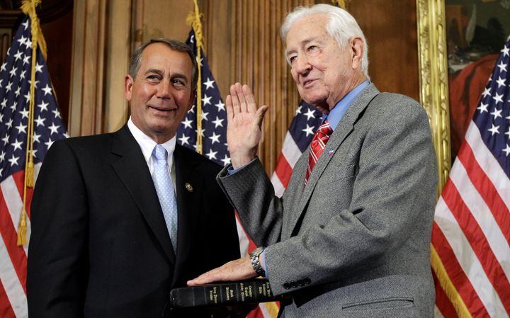 In this Jan. 5, 2011, file photo, then-House Speaker John Boehner (R-Ohio) participated in a ceremonial swearing in with Rep. Ralph Hall, R-Texas, on Capitol Hill in Washington.