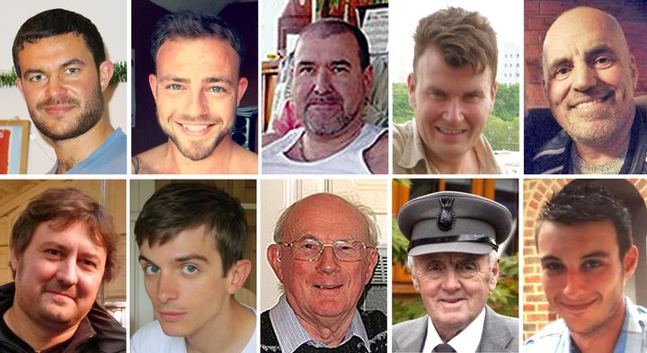 (top row left to right) Matthew Grimstone, Matt Jones, Mark Reeves, Tony Brightwell and Mark Trussler. (Bottom row left to right) Dylan Archer, Richard Smith, Graham Mallinson, Maurice Abrahams and Daniele Polito, who died in the Shoreham Airshow crash