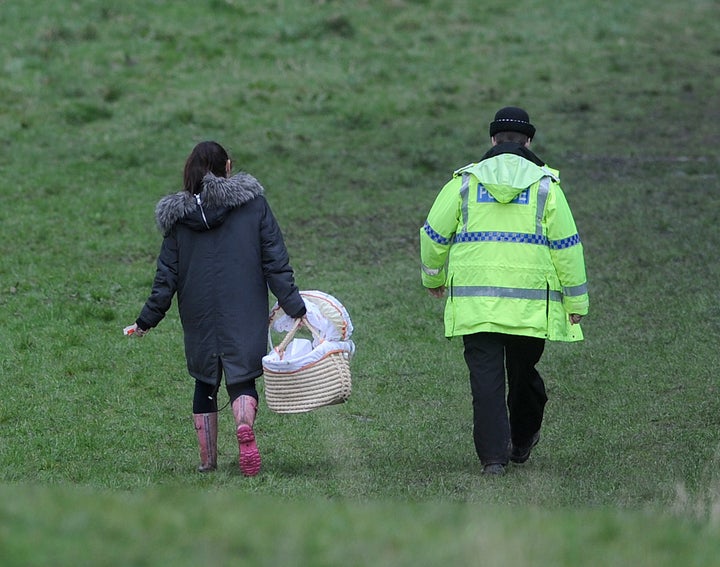 A cot was taken to retrieve baby Pearl's body from woodland in Heywood, Greater Manchester in April last year 