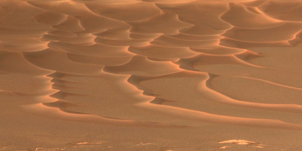 This photo made available by NASA on Aug. 6, 2004, shows sand dunes less than 1 meter (3.3 feet) high in the "Endurance Crater" on the planet Mars, seen by the Opportunity rover