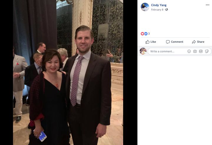 A screenshot taken from Cindy Yang's Facebook page showing her posing alongside Eric Trump.