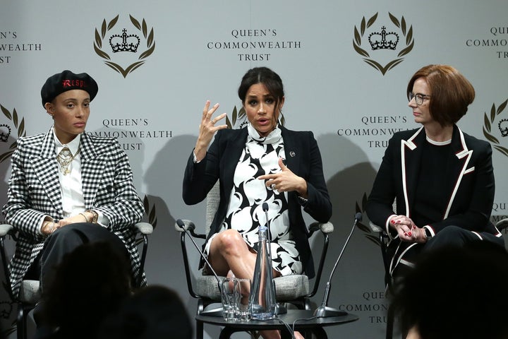 The Duchess of Sussex, flanked by British model Adwoa Aboah and former Australian Prime Minister Julia Gillard, makes a point during the International Women’s Day discussion.