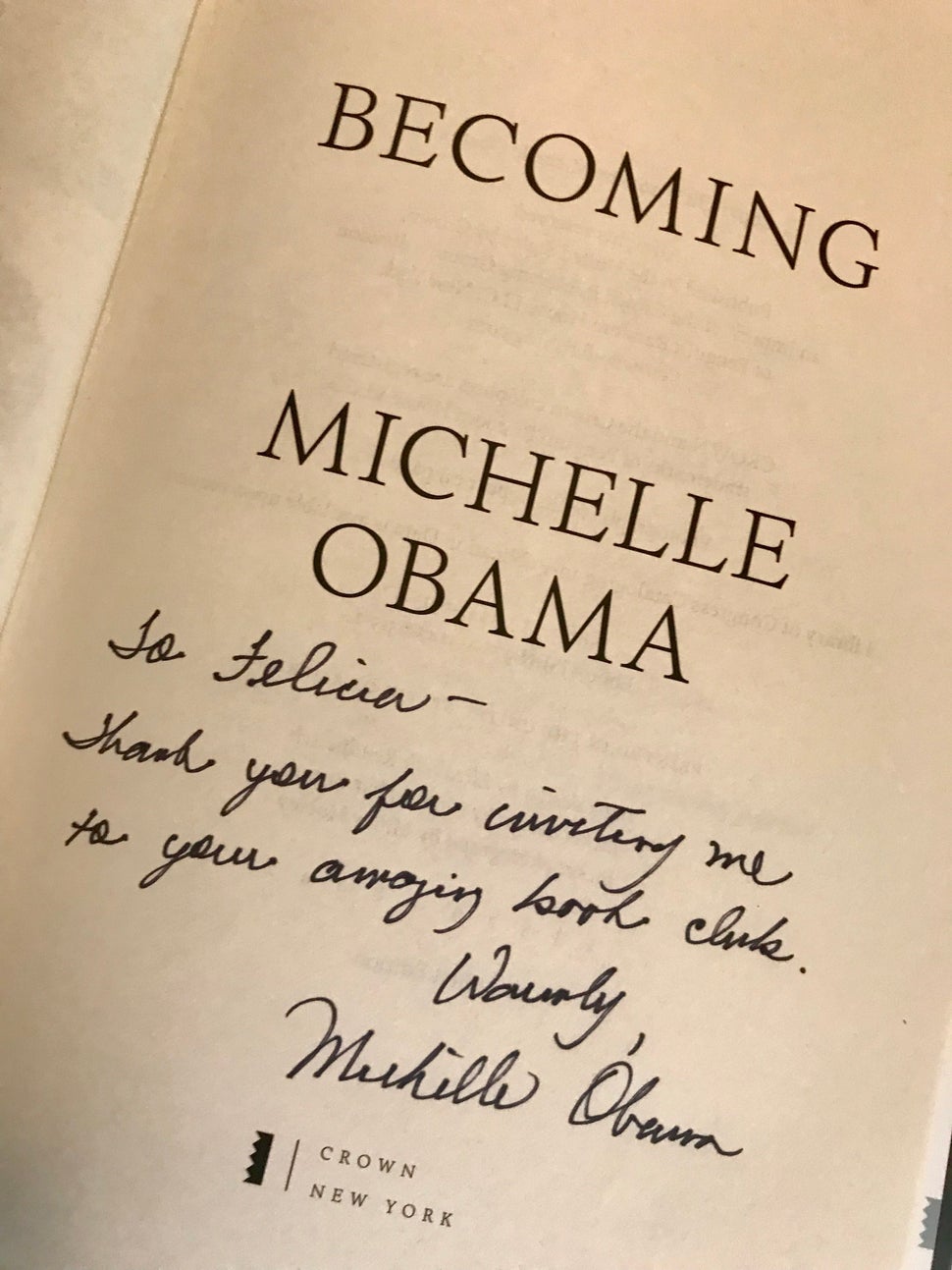 My copy of Becoming, complete with a personal note from Mrs. Obama.