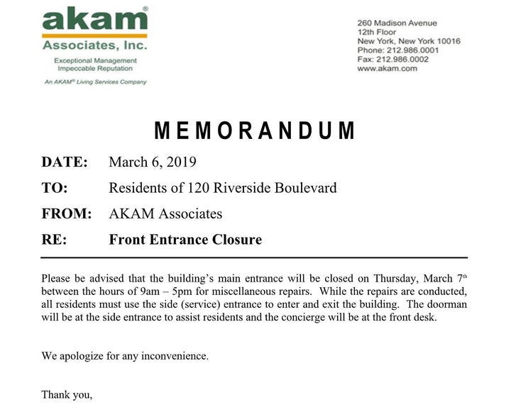 A memo from AKAM Associates, which manages the building, informing residents that the entrance would be closed "for miscellan