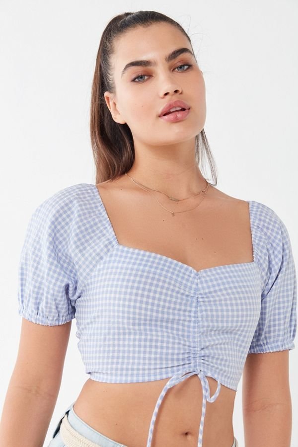 cropped peasant top with puff sleeves