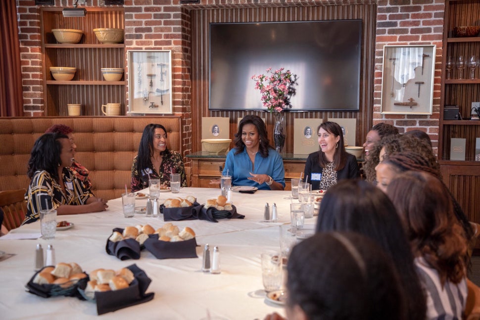 Michelle Obama surrounded by members of my HTX Book and Brunch club.