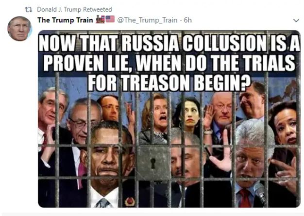 In November 2018, President Donald Trump retweeted this faked image of people behind bars — including prominent Democrats, special counsel Robert Mueller and even his own Deputy Attorney General Rod Rosenstein.