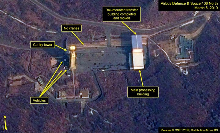 A satellite image of North Korea's Sohae Satellite Launching Station (Tongchang-ri) which Washington-based Stimson Center's 38 North says, "Partially dismantled transfer structure appears to be rebuilt and operational".