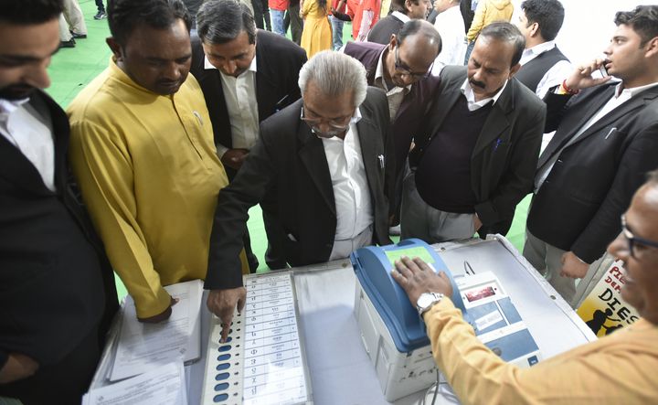 EVMs, VVPAT machines on display for judges of district court and lawyers during an event to impart awareness to voters ahead of Lok Sabha Elections 2019 at Karkardooma Court Complex, on March 7, 2019 in New Delhi, India. 