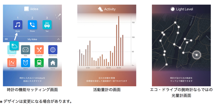 時計本体に搭載されている活動量計、光量計機能の設定なども可能。