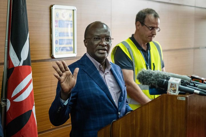 Managing Director and CEO Jonny Andersen and Kenya's Transport Minister James Macharia (L) give a press conference on an Ethiopian Airlines crash in Ethiopia, at the Jomo Kenyatta International Airport in Nairobi, Kenya, on March 10, 2019.