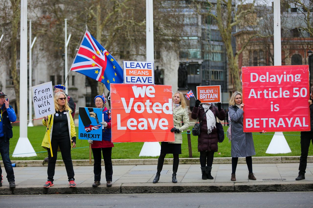 Brexit protestors outside the houses of parliament this week 