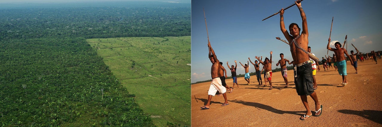 Left: Aerial view of deforestation in the Western Amazon region of Brazil. Right: Members of the Munduruku indigenous tribe on the banks of the Tapajos River protest against plans to construct a hydroelectric dam on the river in the Amazon rainforest on November 26, 2014 near Sao Luiz do Tapajos, Para State, Brazil.