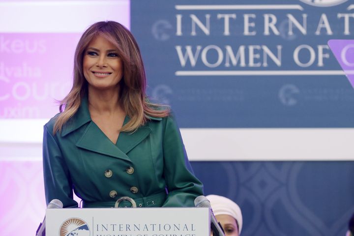 First lady Melania Trump delivers remarks during the International Women of Courage Awards in the Dean Acheson Auditorium at the Department of State's Harry S. Truman building March 07, 2019 in Washington, DC. 