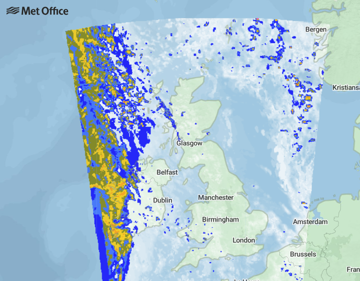 A band of stormy weather will cover Britain from the east – seen here at 1400 GMT on Monday.