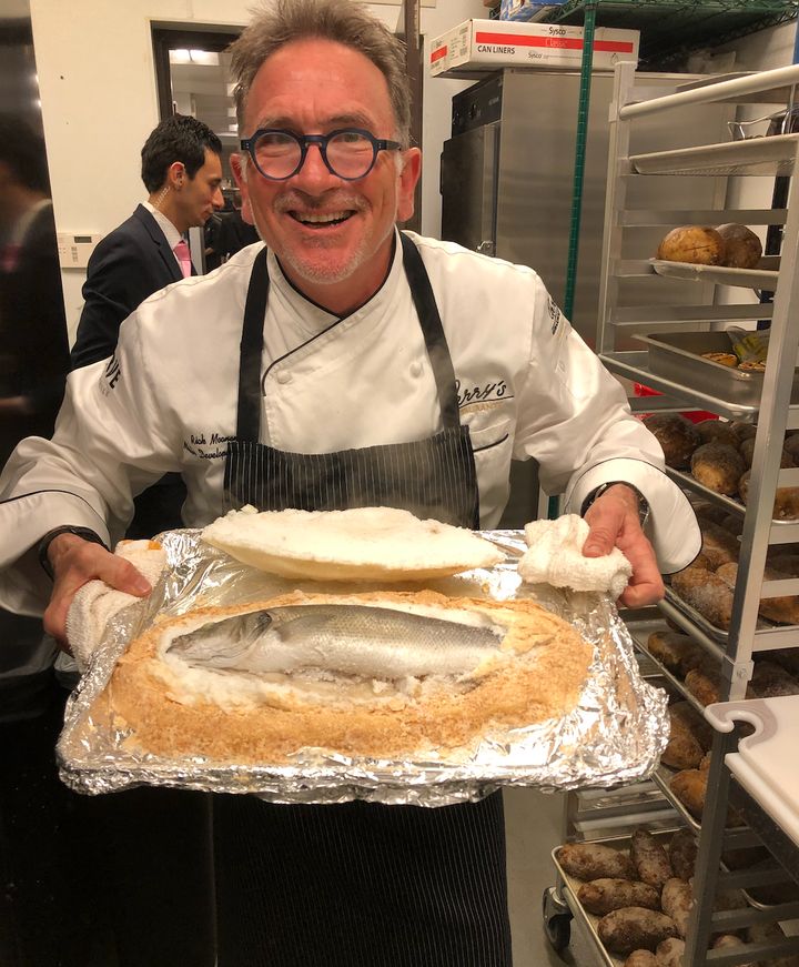 Rick Moonen brandishes a beautiful salt-crusted whole fish.