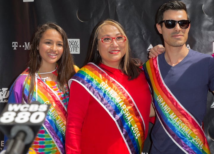 Grand marshals Jazz Jennings, Cecilia Chung and Subhi Nahas attend a press conference at the 46th annual Pride parade to celebrate gay, lesbian and transgender community in New York City.