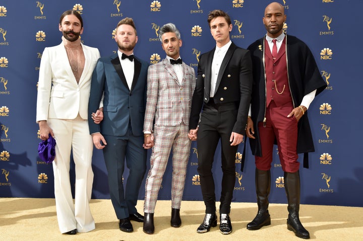 The Fab Five on the gold carpet at the 2018 Emmy Awards. From left to right: Jonathan Van Ness, Bobby Berk, Tan France, Antoni Porowski and Karamo Brown.