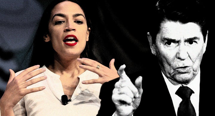 Rep. Alexandria Ocasio-Cortez and President Ronald Reagan. (Photo illustration: Yahoo News; photos: Nick Wagner/Austin American-Statesman via AP, AP)