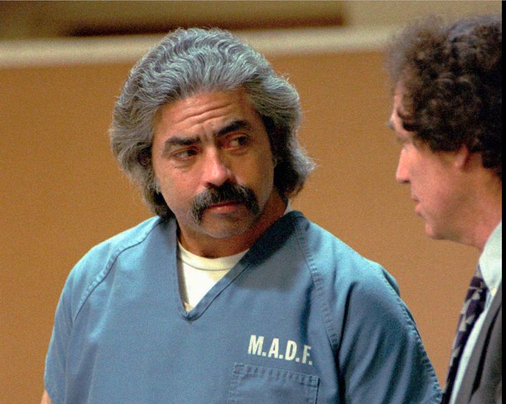 This Dec. 7, 1993 file photo shows Richard Allen Davis appearing with his public defender, Bruce Kinnison, in a Sonoma County Municipal Court in Santa Rosa, Calif. Now 64, Davis has been on death row at San Quentin State Prison since his 1996 conviction in the kidnap-murder of 12-year-old Polly Klaas of Petaluma, 