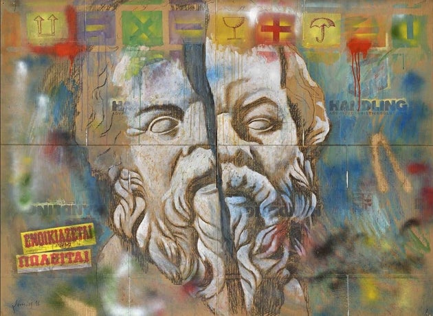 Σωκράτης, Μουσείο Λούβρου, 2016, κάρβουνο ακρυλικό σπρέι σε χαρτόνι, 145Χ200 εκ. Έργο του Παύλου Σάμιου.