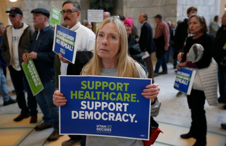 Bonnie Bowman, a supporter of a voter-approved measure to fully expand Medicaid, at a protest at the Utah Capitol in Salt Lake City on Jan. 28.