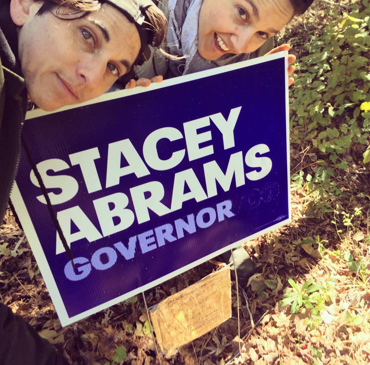 Katie and I taking a selfie in front of our second Stacey Abrams sign to replace the one that was stolen, Eatonton, Georgia, in October 2018.