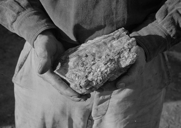 Un trabajador de la mina Boriana (Arizona, Estados Unidos) enseña una roca del mineral wolframio recién extraído.