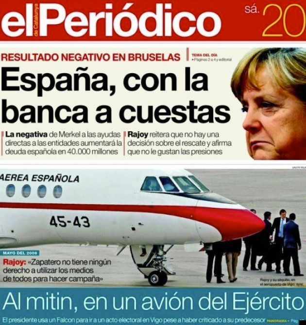 Portada de El Periódico de Catalunya con la imagen de Rajoy usando el Falcon para ir a un mitin en